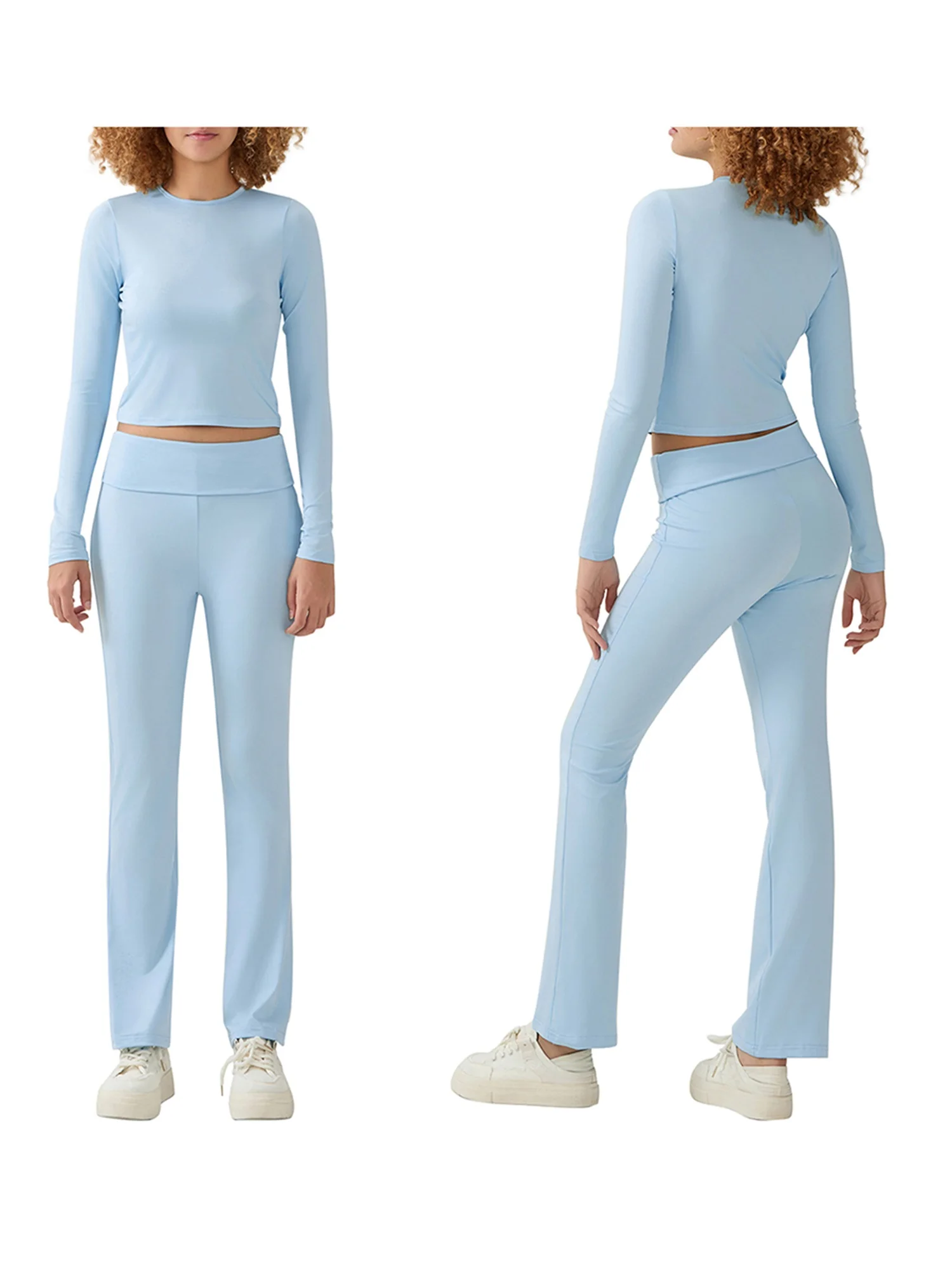 

Женский комплект штанов для йоги из 2 предметов, укороченный топ с круглым вырезом и брюки-клеш с высокой талией, спортивный костюм для тренировок и отдыха