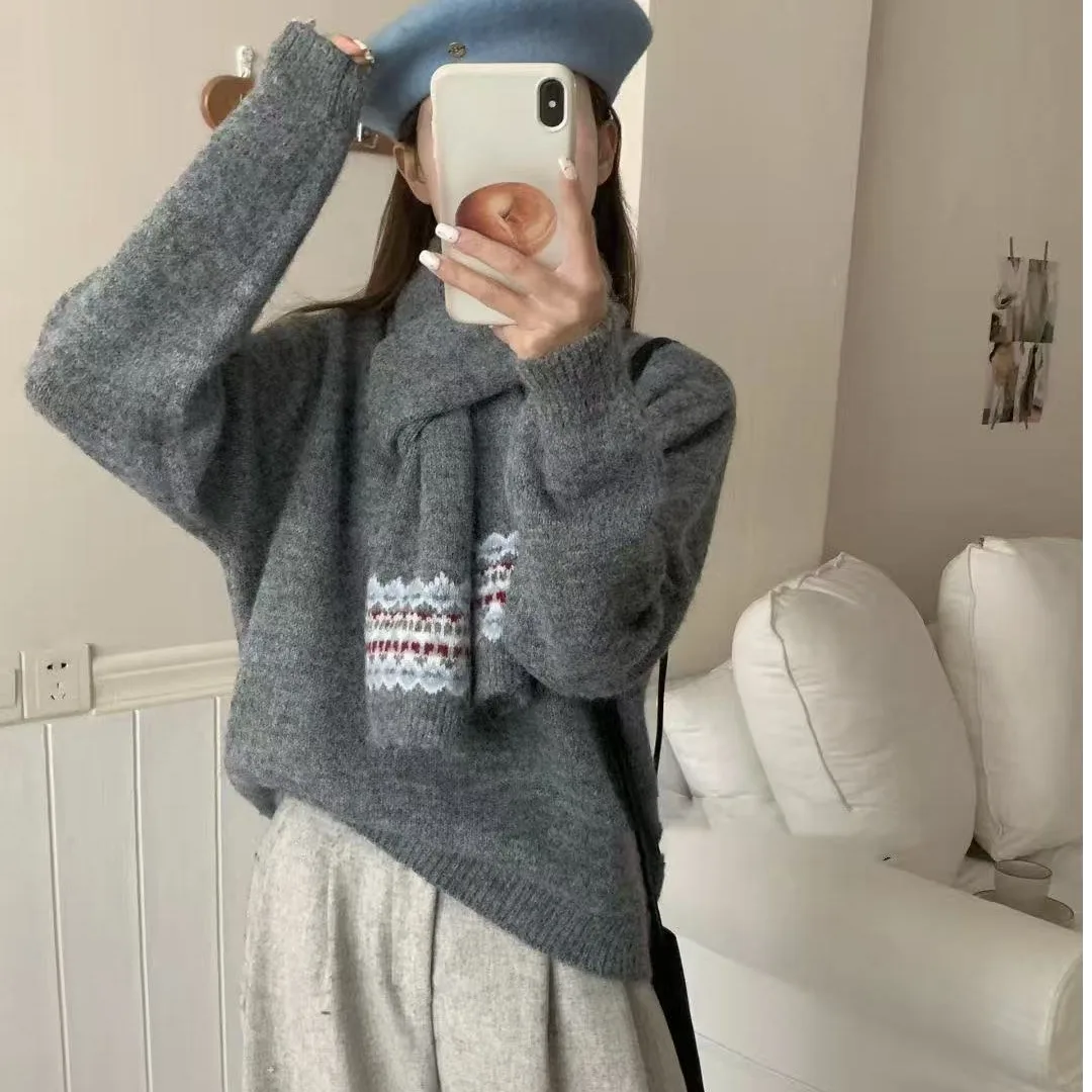 

Korean Sle Women's Sweater with Scarf Warmth Artistic Autumn Winter New Arrival Versatile Cozy Top Ladies Faion Knitwear