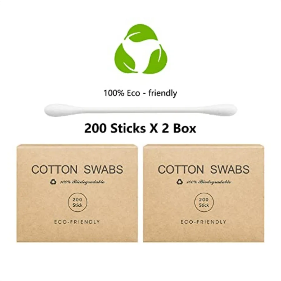 400 contagens de algodão orgânico Q Tips para orelhas Qtips ecológicos para botões de algodão de orelha