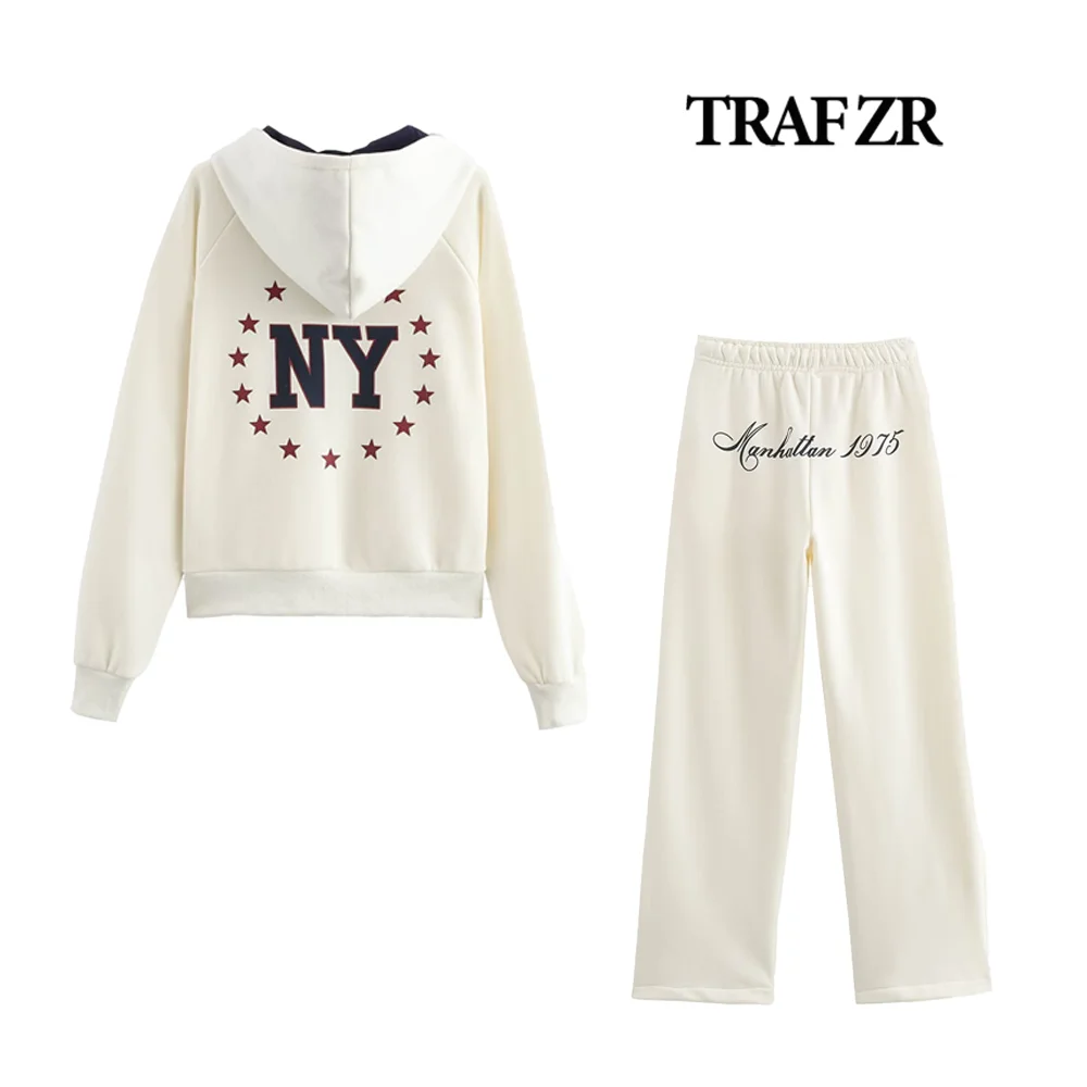 TRAF ZR Women Adjustable Drawstring Hood Text Print Fall Outfit Varsity New York Hoodie&Plush Trousers Aesthetic Baggy Pants Set