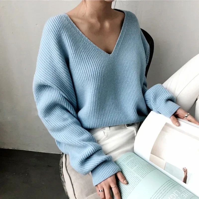 Fashion Autumn Korean Knitted Solid Sweater V-Neck Tops Winter Casual Loose White Pullover Women Clothes Pull Femme Elegant