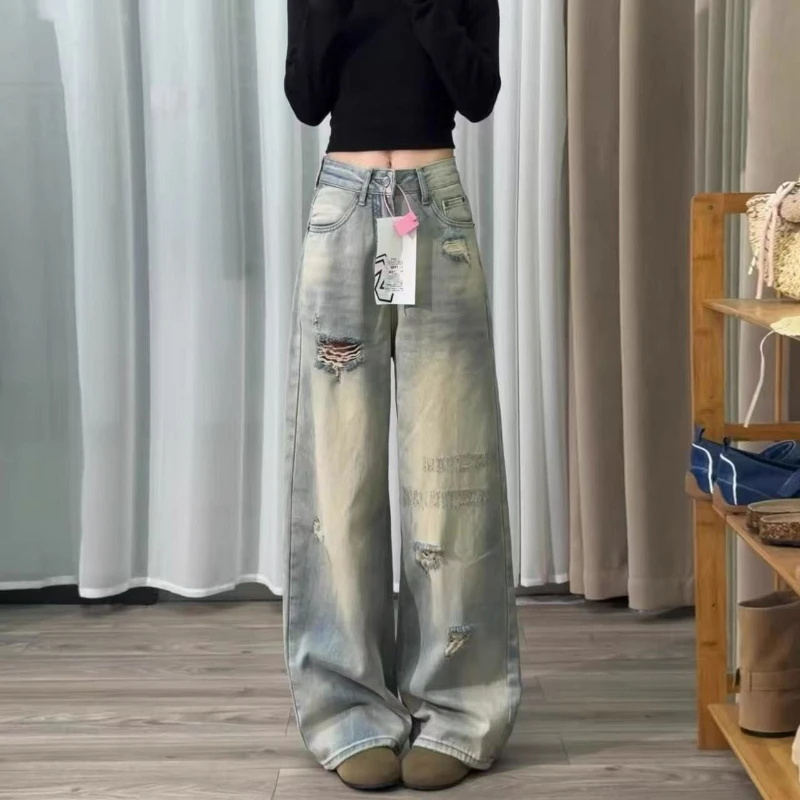 Vintage Washed Ripped Wide Leg Jeans Women High Waist Distressed Hole Baggy Denim Pants Y2K Streetwear Fashion Loose Trousers