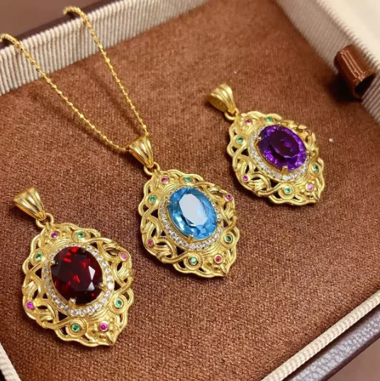 

Серебряные подвески с топазом 925 пробы, подвески с красным гранатом, фиолетовый хрустальный кулон, синий топаз, 3 цвета