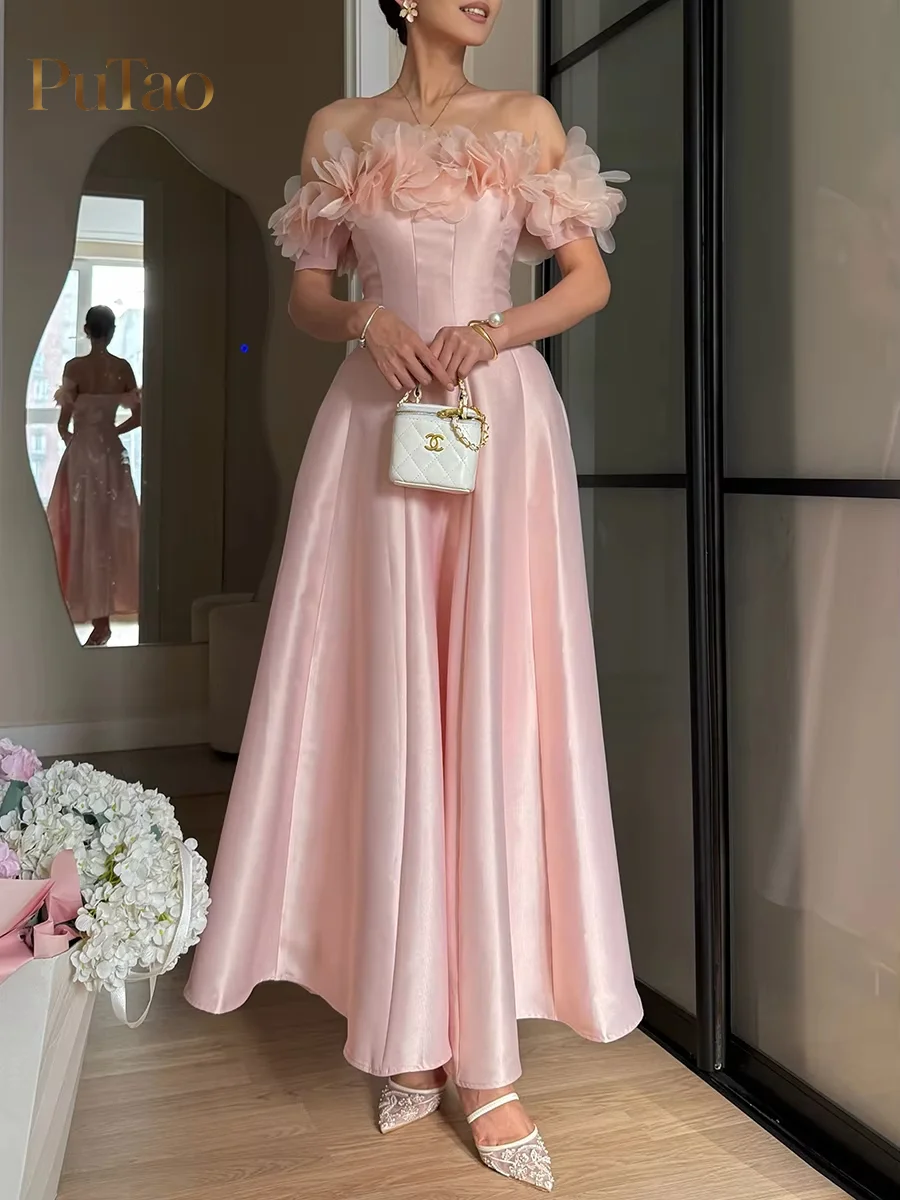 PuTao Women Blush Satin Long Formal Dress Off Shoulder 3D Flower Decor High Waist A Line Skirt Wedding Banquet Bridesmaid Gown