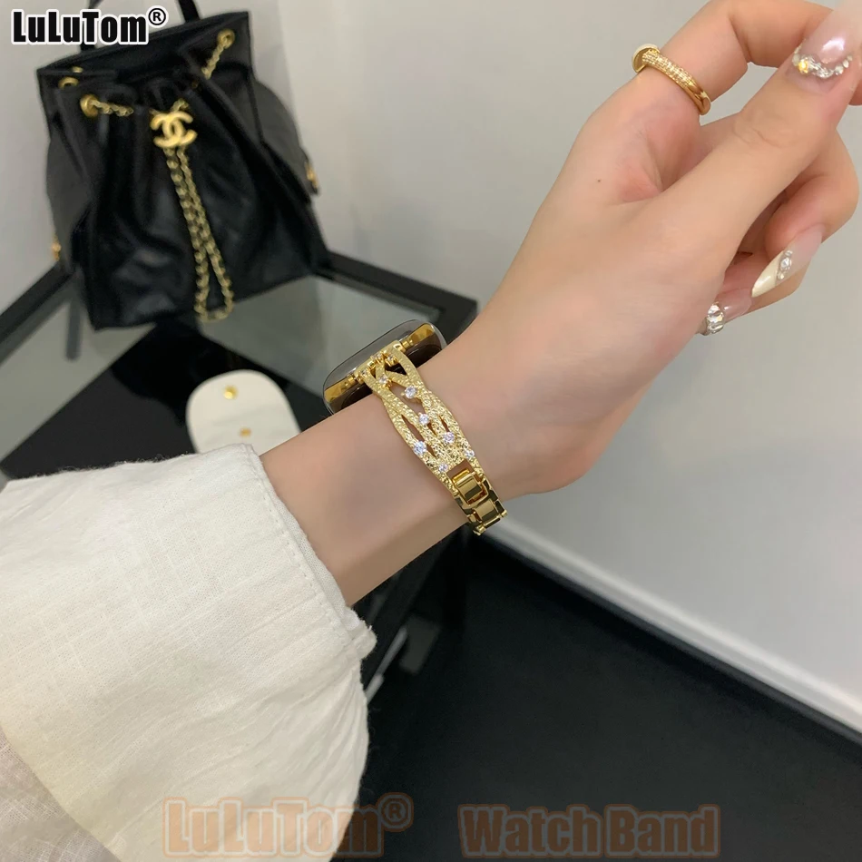 

Плетеный ремешок с циркониевыми вставками для Apple Watch 11 10 9 8 7 6 5 4 SE Ultra, браслет для Iwatch Series 38 40 41 42 44 45 46 49 мм