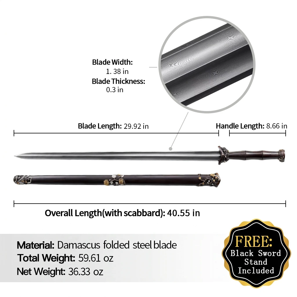Two-Tone Brass Qiankun Gentleman Sword Twist Pattern Damascus Steel Blade Gilded Silver-Plated Fittings & Ebonywood Scabbard