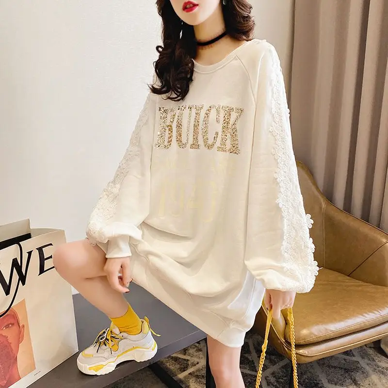 Lazy Style Print Letter Casual Hoodies Sweatshirts Spring Autumn New Loose Lace Patchwork Korean Pullovers Fashion Women Clothes