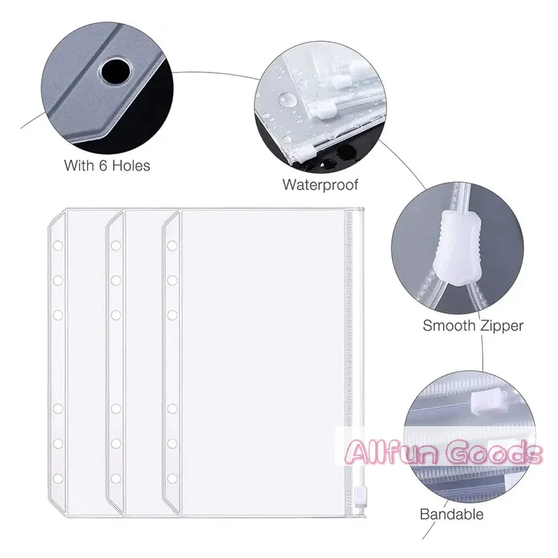8PCS PVC Binder Pocket Cash Envelopes A5 A6  Zipper Folders Pouches Money Organizer Budget Document Filing Loose Leaf Inserts - view 5