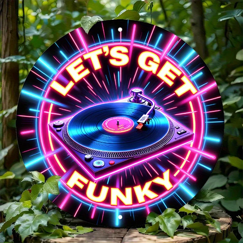 Neon-Style 'Let's Get Funky' DJ Turntable Wall Art | 19.99cm Round Aluminum Sign | Multi-Color Retro Music Decor for Home, Garag
