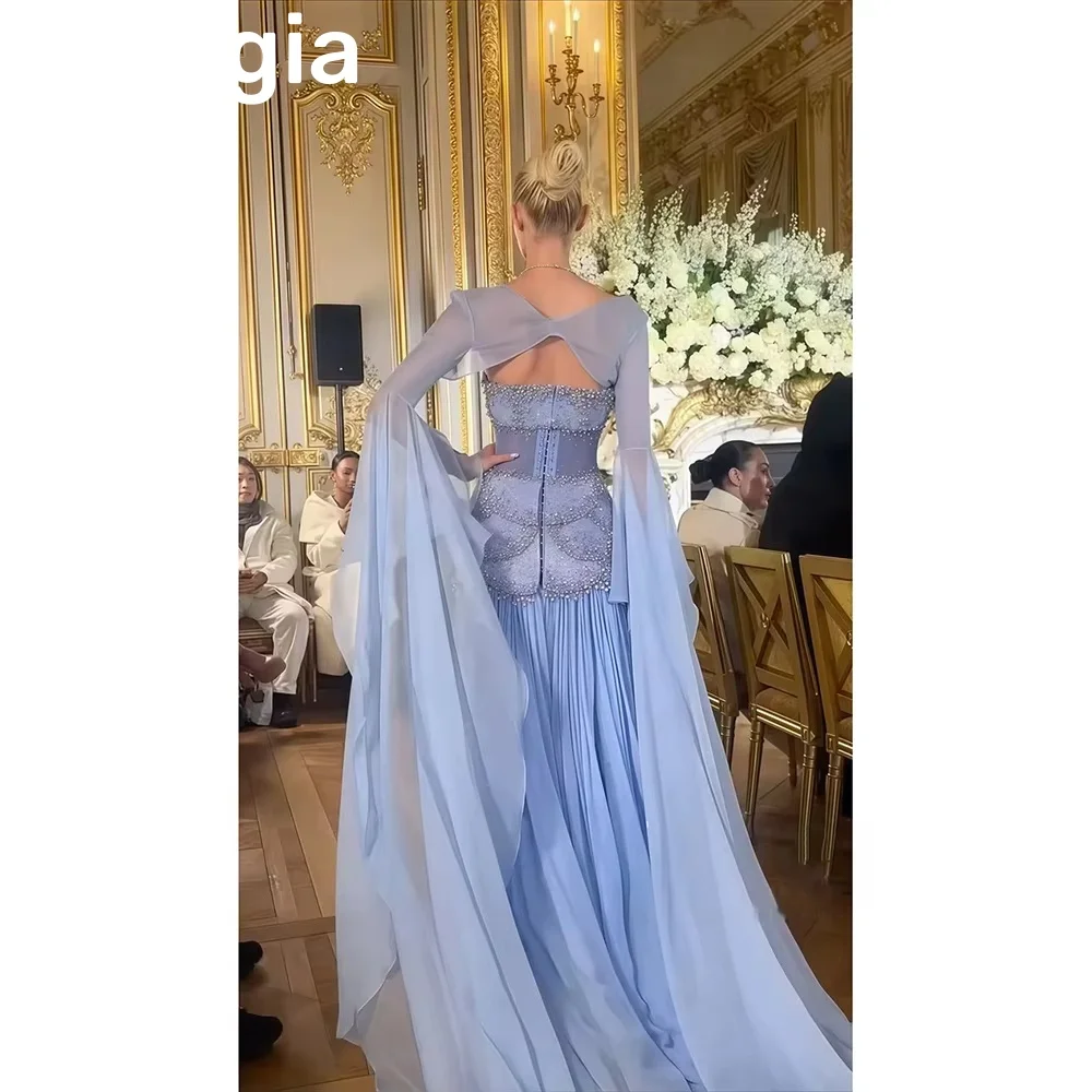 Sukienki wieczorowe damskie w kształcie litery A, bez ramiączek, do ziemi, z koralikami, zapinane na zamek, z długimi rękawami, z falbanami, w kolorze jasnego niebieskiego.