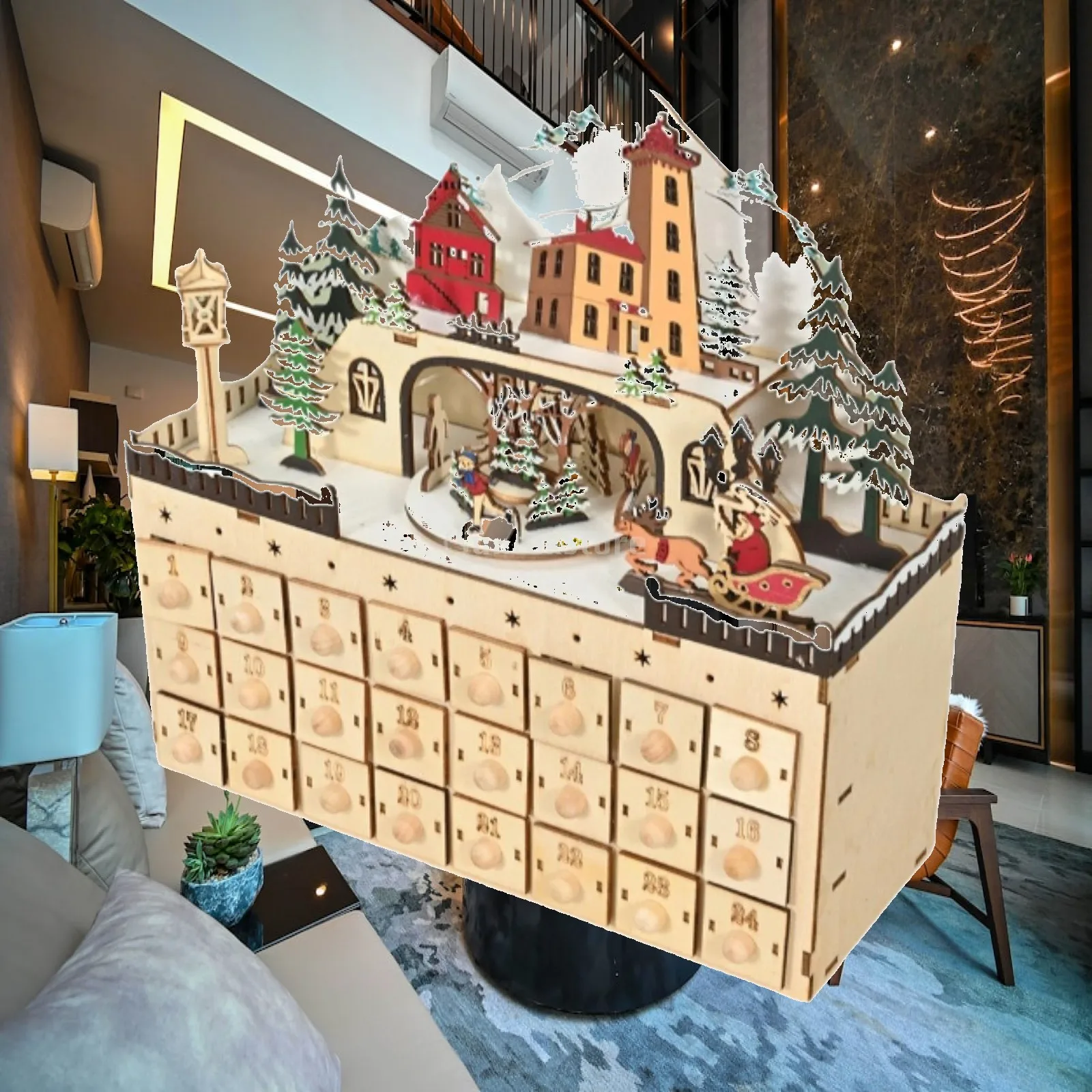 LED Wooden Advent Calendar 2024 Tree House Design Refillable Drawers Holiday Tabletop Decoration for Kids