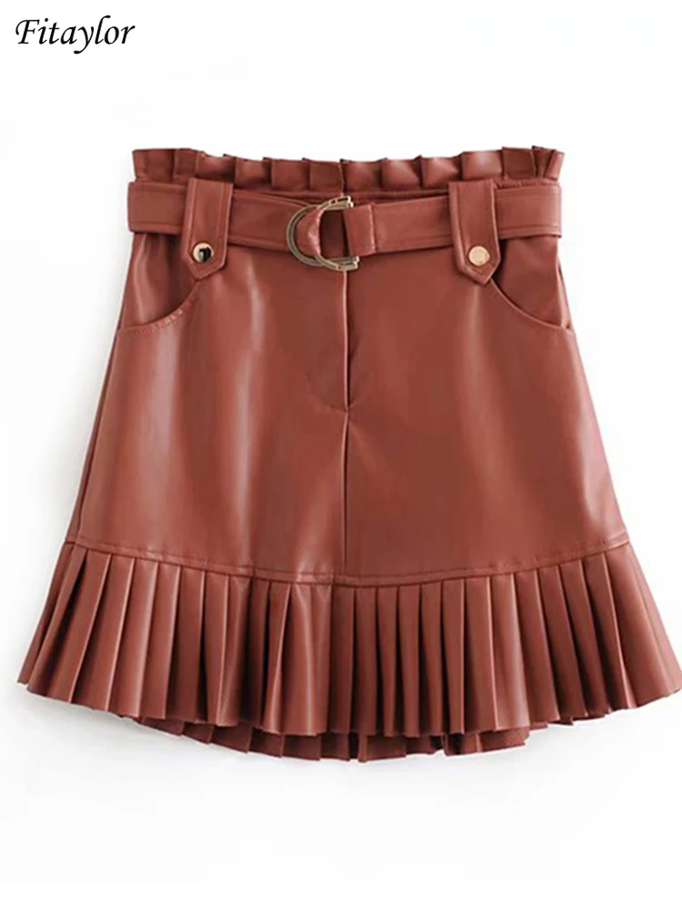 Fitaylor Women Chic PU Leather Pleated Skirt Ruffles Tie Belt Waist Pocket Skirt Zipper Fly Ladies Elegnt Mini Skirts Jupe Femme