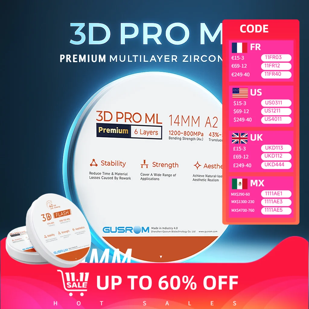 

GUSROM 3D PRO ML Premium 6-Layer Multilayer Zirconia Block 98x14mm Zirconia Disk Translucency 1050MPa CAD/CAM Dental Material