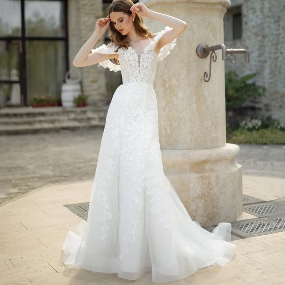 

Floral Mermaid Organza Wedding Dress Customized Off the Shoulder V-Neck Applique Floor Length Princess Sweep Train Gown New
