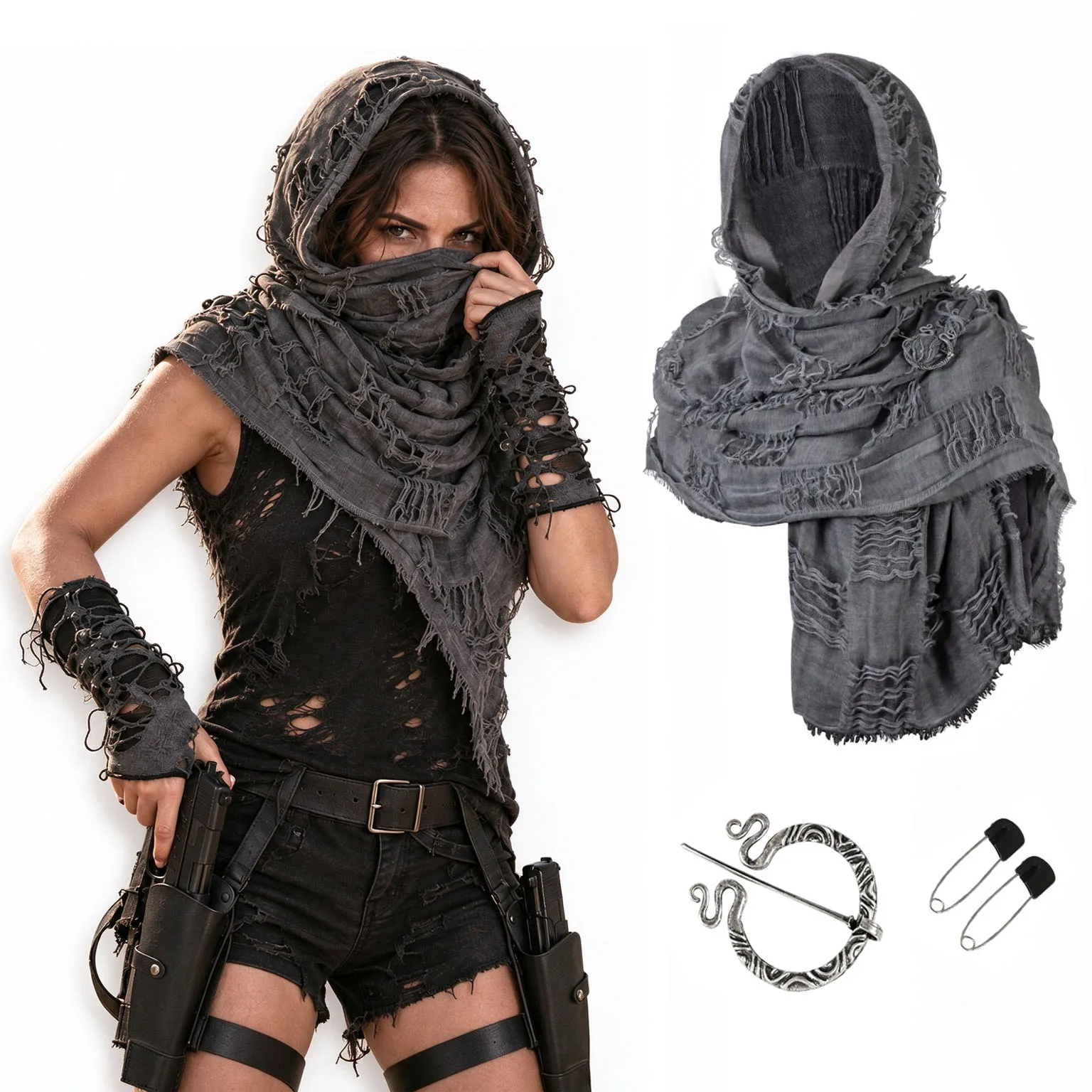 Wasteland Hooded Shawl Medieval Cowl Scarf Halloween Cosplay Costume Dune Rogue Cape with Brooch for Party Performance Outfit