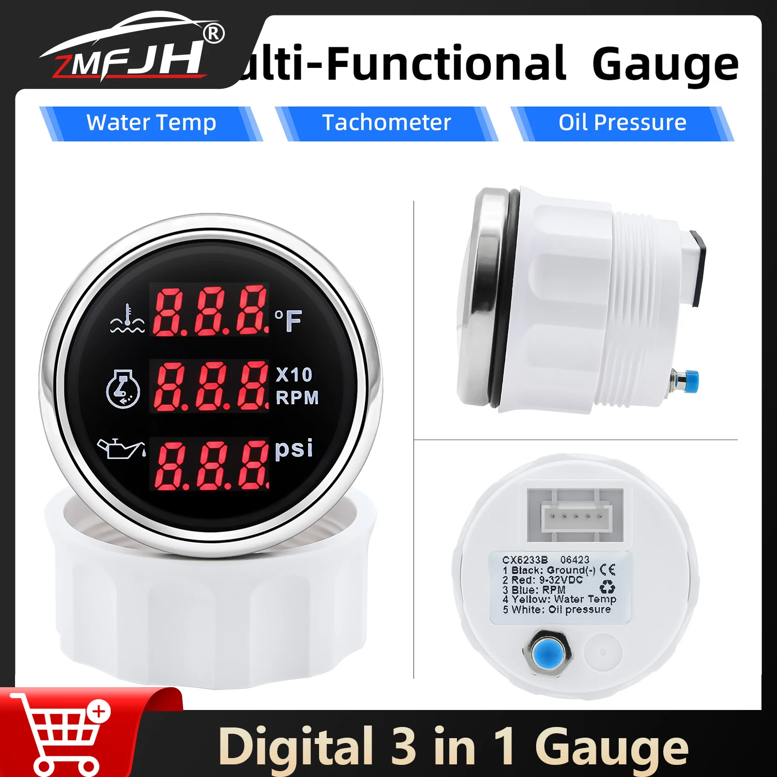 

52mm Digital 3 in 1 RPM Tachometer + Oil Pressure + Water Temp Gauge For Marine Boat Car Truck Waterproof LED Indicator 12V 24V