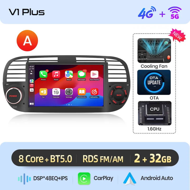 AWESAFE Draadloze CarPlay Autoradio voor FIAT 500 500C Abarth 2007-2015 met Android Auto GPS Navigatie Smart Systeem RDS DSP FM - afbeelding 1