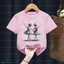 Kawaii Girls T-shirt Ballet Dance Girls Printed T-shirt Kids Fashion Aesthetic Girls Pink Short sleeve Top 1-13 Years Old