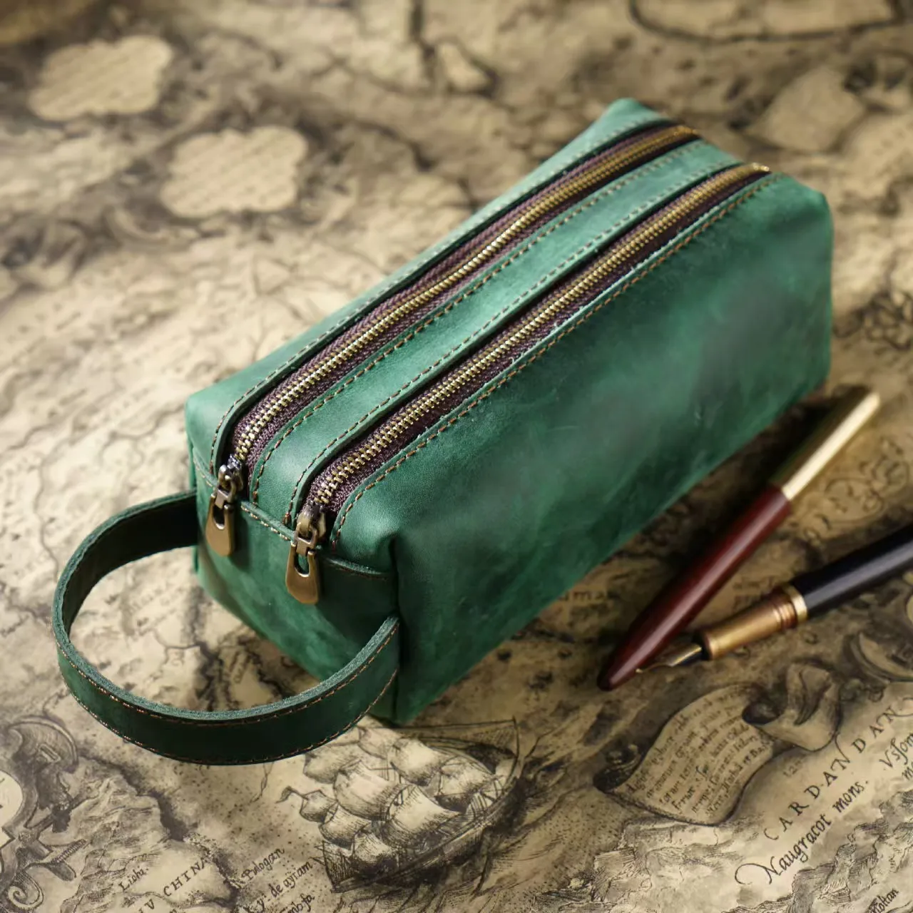 Original first layer cowhide pen bag Square Vintage Crazy Horse leather zipper simple large capacity pencil stationery bag stora