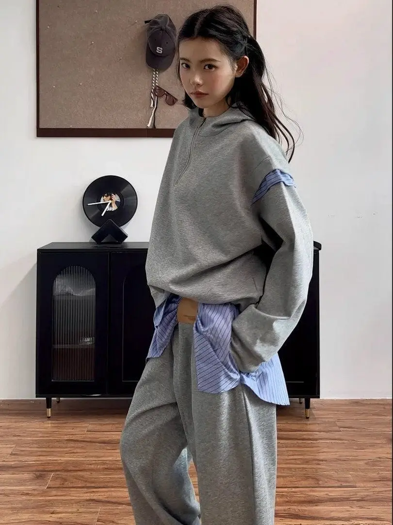 American Retro Sports Suit Women'S Early Autumn New Item Fake Two-Piece Hooded Top Paired With Wide Leg Pants Two-Piece Set