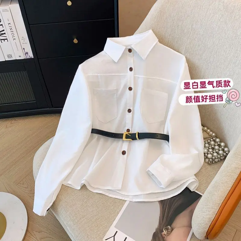 

Elegant Hong Kong Style Polo Collar Long Sleeve Shirt with Belt for Women
