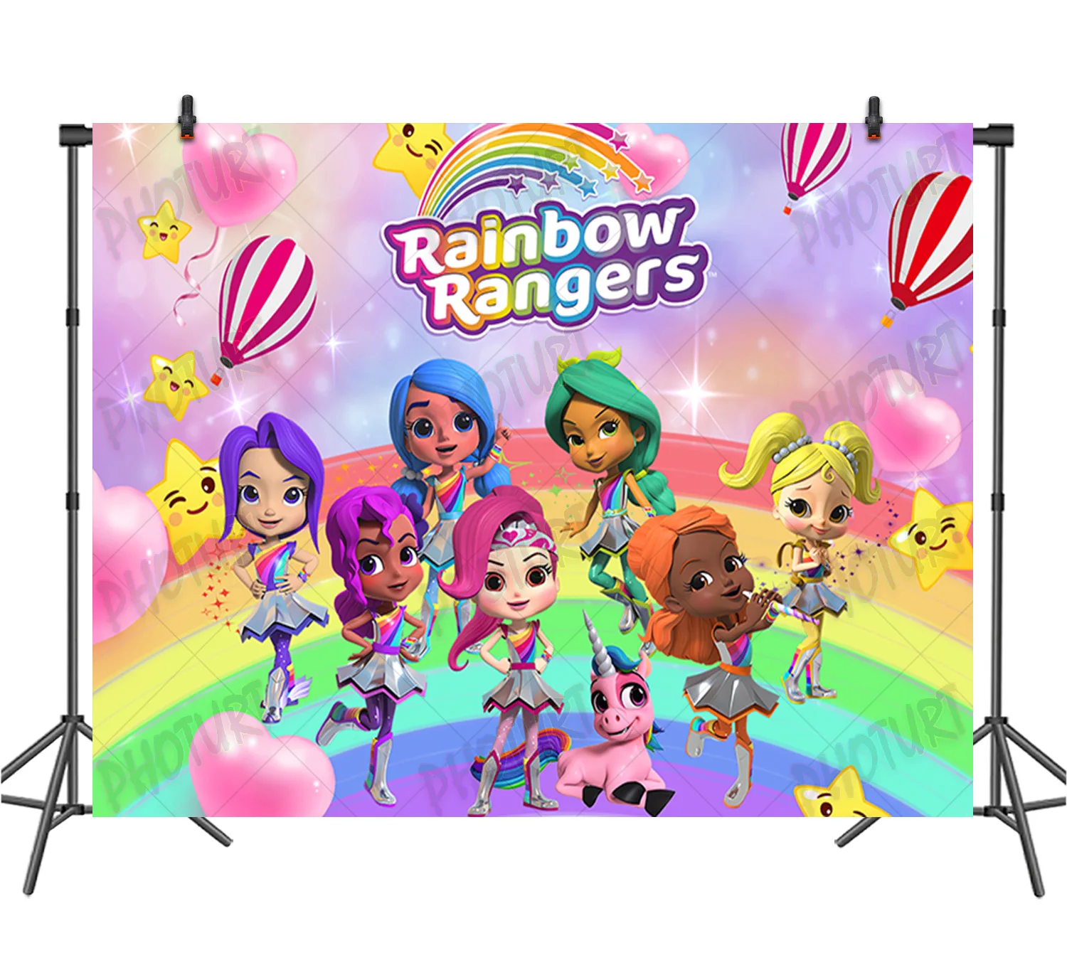 PHOTURT Rainbow Rangers Backdrop Kids Birthday Party Background Colorful Stripes Stars Vinyl Banner Photography Studios Props