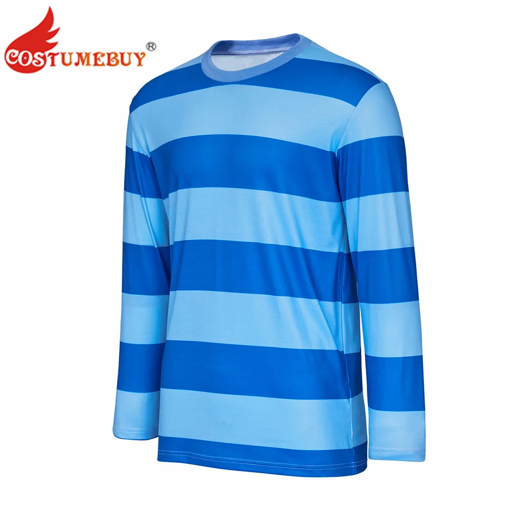 Men Blue's Clues Josh Cosplay Costume Josh Blue Striped T-Shirt Long Sleeves Casual Tee Shirts Pullover Tops for Halloween