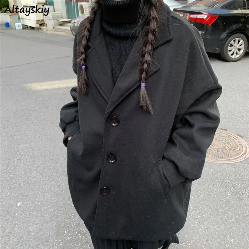 

Black Blends Women Baggy Thicker High Street Korean All-match Preppy Streetwear Female Wool Coats Winter Outwear Chic