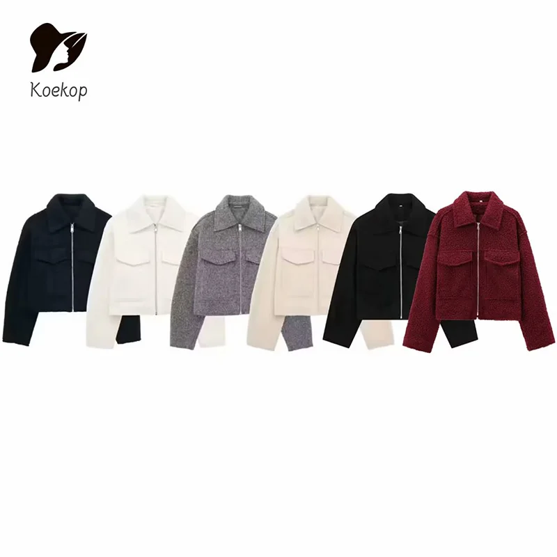 Koekop Vintage Long Sleeve Front Zipper Female Outerwear Chic Tops Women Fashion Patch Pockets With Flaps Cropped Jacket Coat