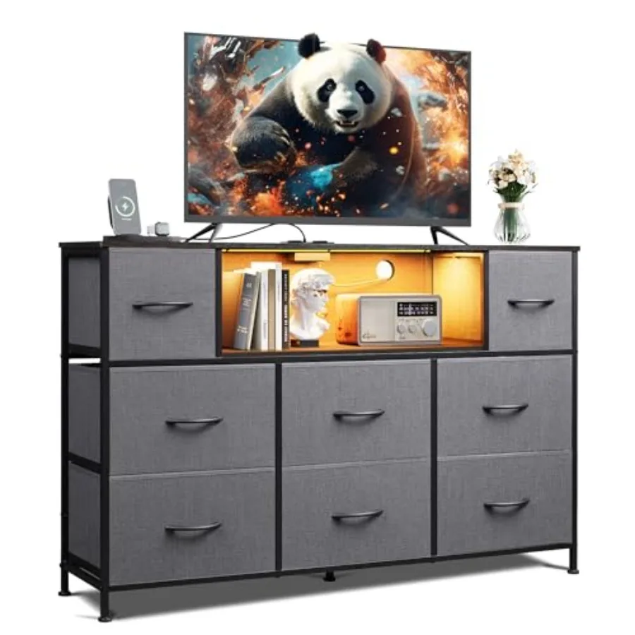 Grey Dresser TV Stand for 45 50 55 inch TV Entertainment Center with LED Lights Charging Station 8 Fabric Drawers Open Shelves