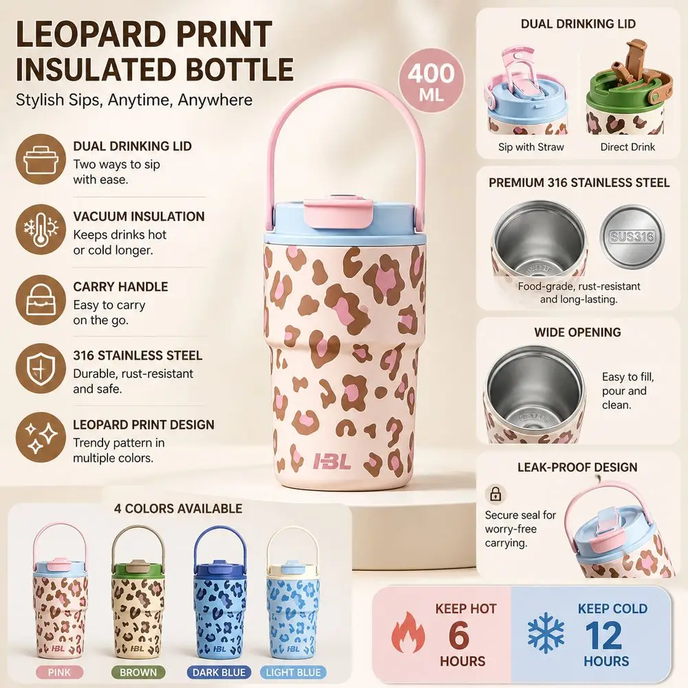 Stainless Steel Insulated Water Bottle Dual Drinking Lid Leopard Print Thermal Water Bottle 400ML Carry Handle