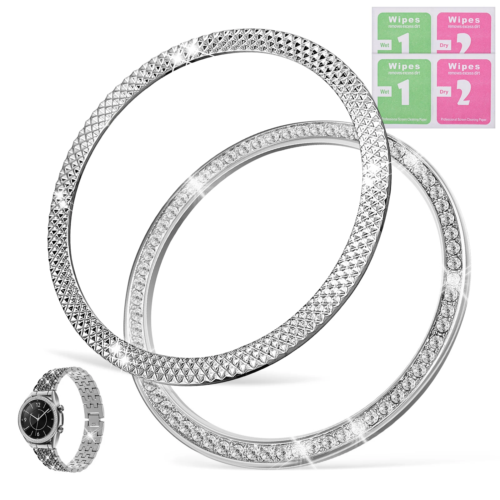 2 Pcs Bezel 42mm Silver with Diamonds Rhinestone Watch Bezels Frame Ring Wrist Baffle Replacement Miss