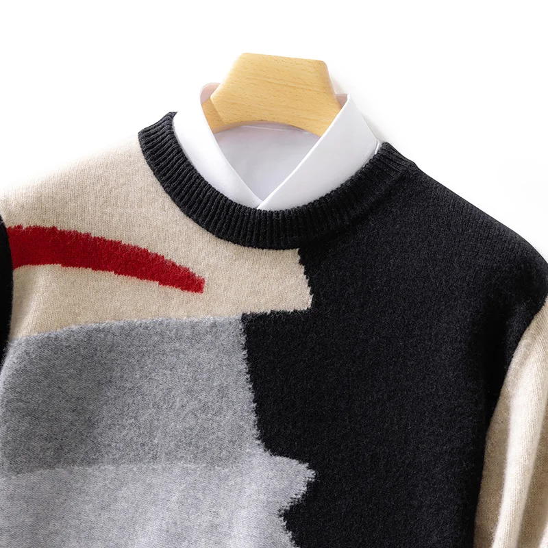 Color Sweater for Men Winter Thickened Warm 100% Merino Wool Sweater Vintage Round Neck Knitted Jacquard Pullover