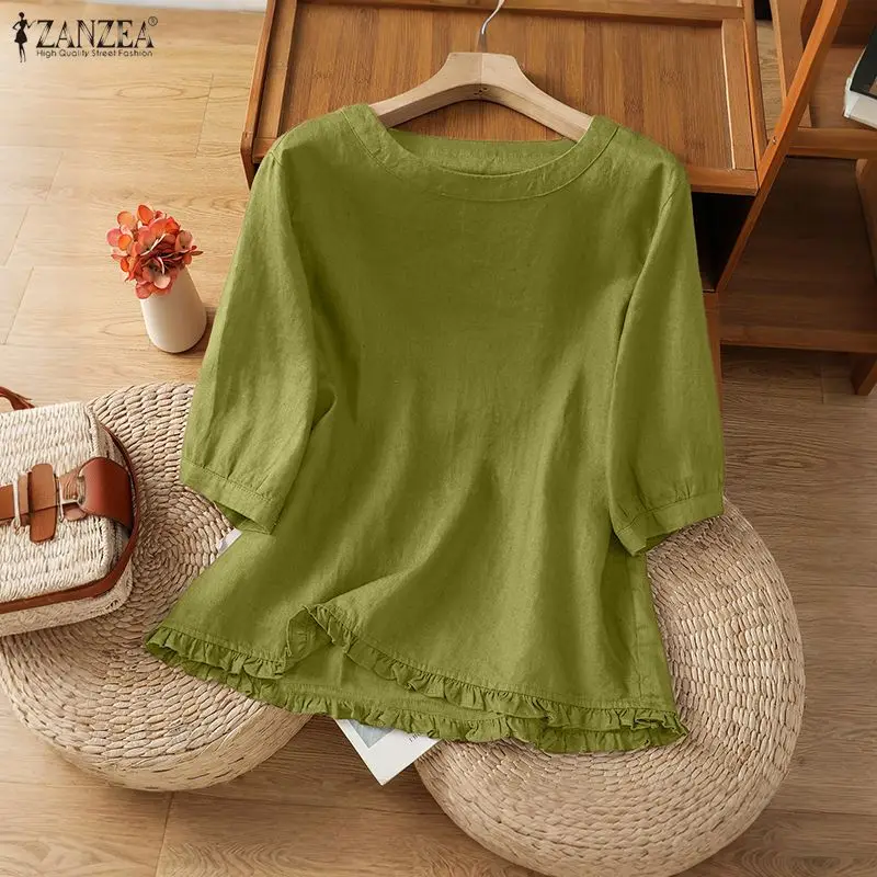 

ZANZEA Women's Cotton Blouses Casual Style O-Neck Half Puff Sleeve Ruffled Trim Hem Solid Color Tops Minimalist Woman Clothes