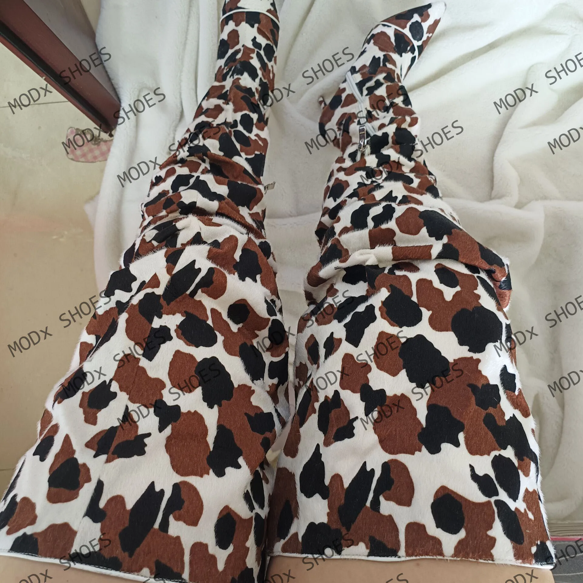 2025 Western Style Horse Hair Cowboy Long Boots Women High Thin Heels Cow Pattern Shoes Pointed Top Over The Knee Booties 44