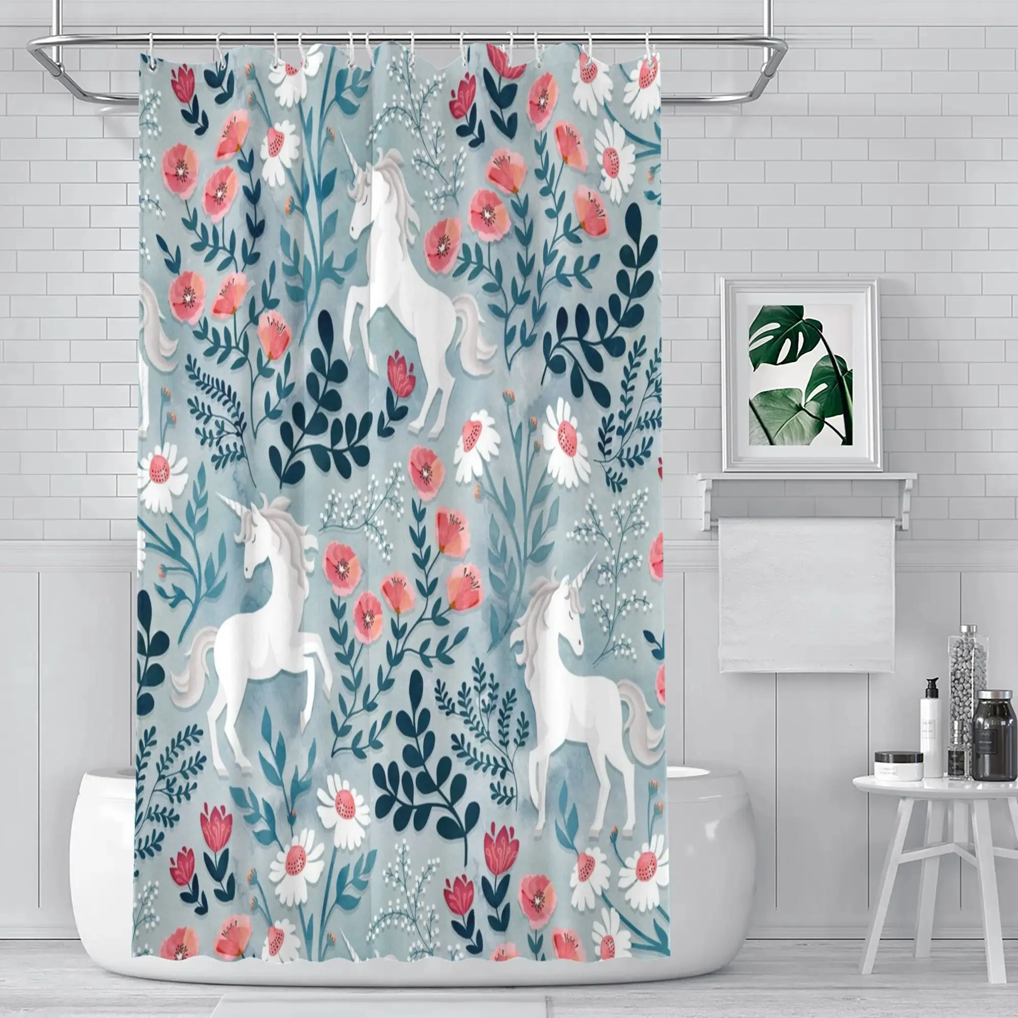 

Shower Curtain Unicorn Floral Garden Pastel Blue Pink Turquoise Printed Waterproof Bathroom Decor for Kids Themed Spaces