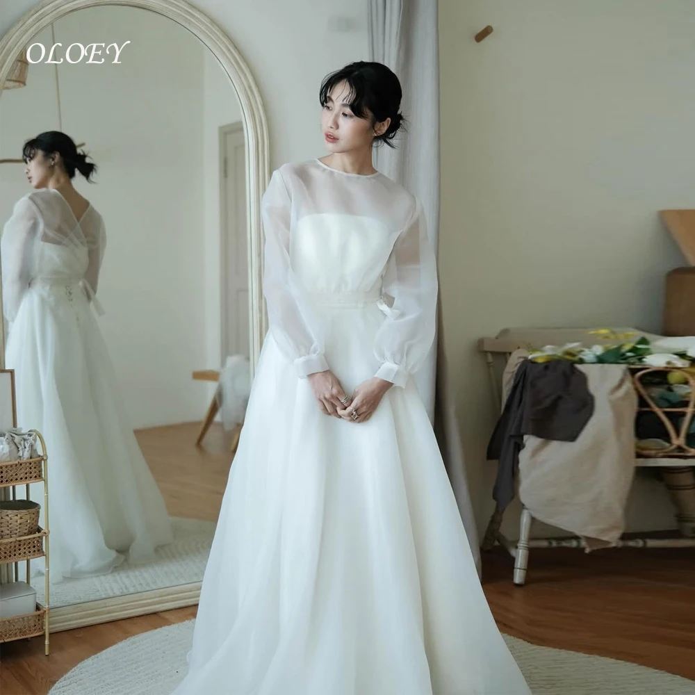 OLOEY Prosta suknia ślubna w stylu koreańskim, linia A, do sesji zdjęciowych, z miękkiego tiulu, długa do podłogi, elegancka suknia ślubna, suknie ślubne z gorsetami szytymi na miarę.