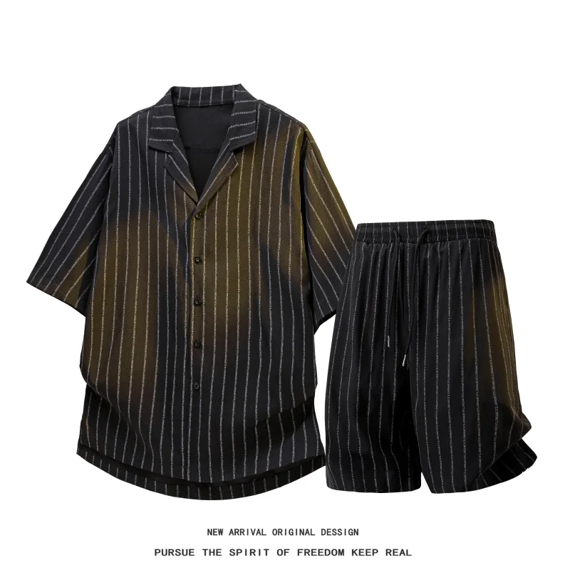 

Summer Stripe Short Sleeve Shirts and Shorts Two-piece Set Casual Shorts Top Suit Fashion Oversized M-5XL