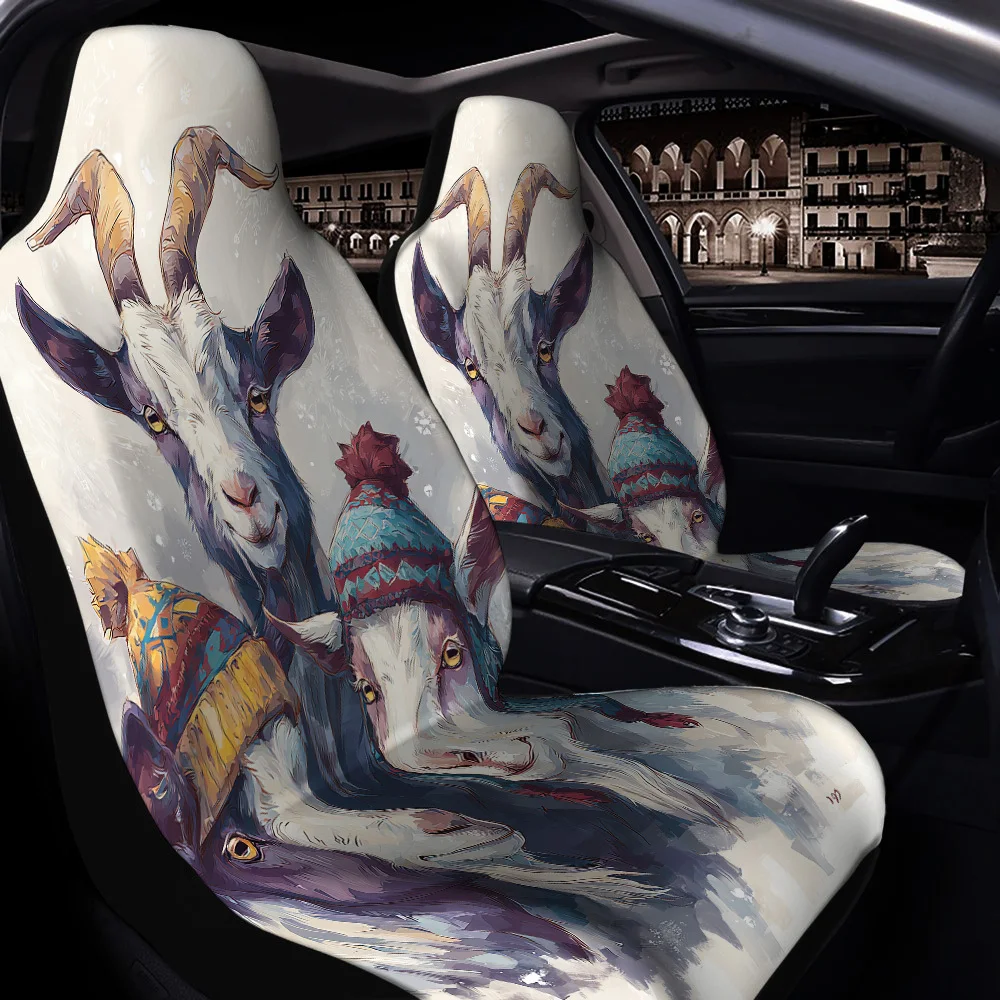 2pcs Car Seat Covers Suitable For Sedans, SUVs, Trucks - Double-Horned Goat Print Front Seat Protectors, Durable Breathable Skin