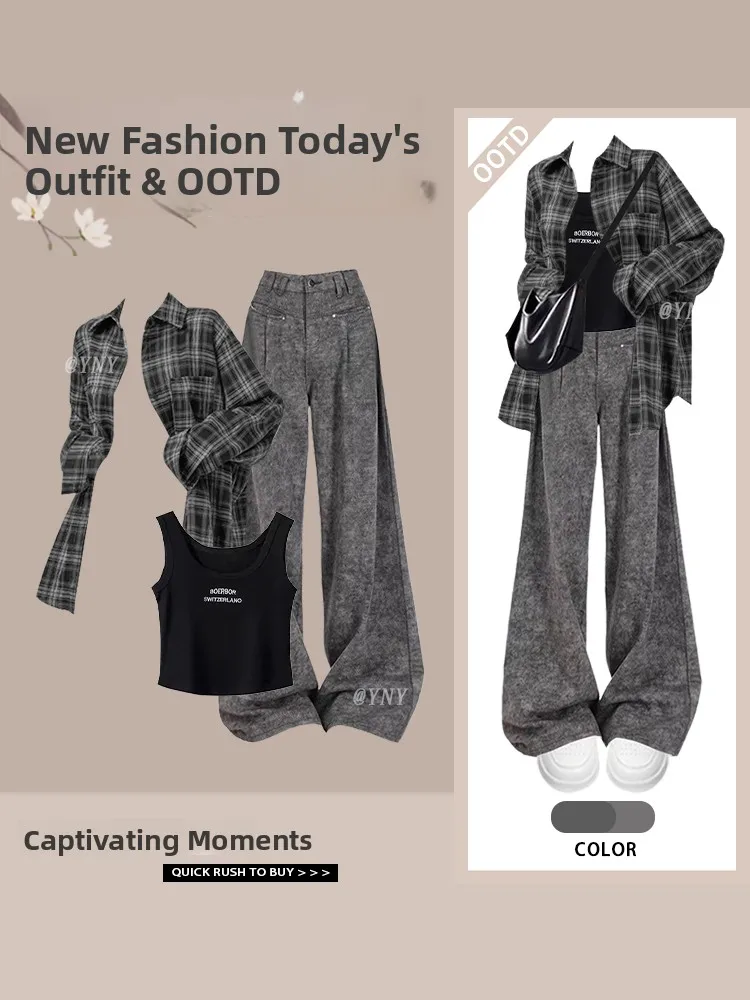 

Spring Design Sun Protection Plaid irt Women's Outerwear Tank Top Versatile Slimming Casual Pants Tee-piece Set