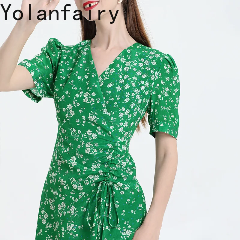

YOLANFAIRY 100% Real Mulberry Silk Dress Woman 2025 Summer Elegant V-neck Drawstring Dresses Green Floral Dress vestido mujer