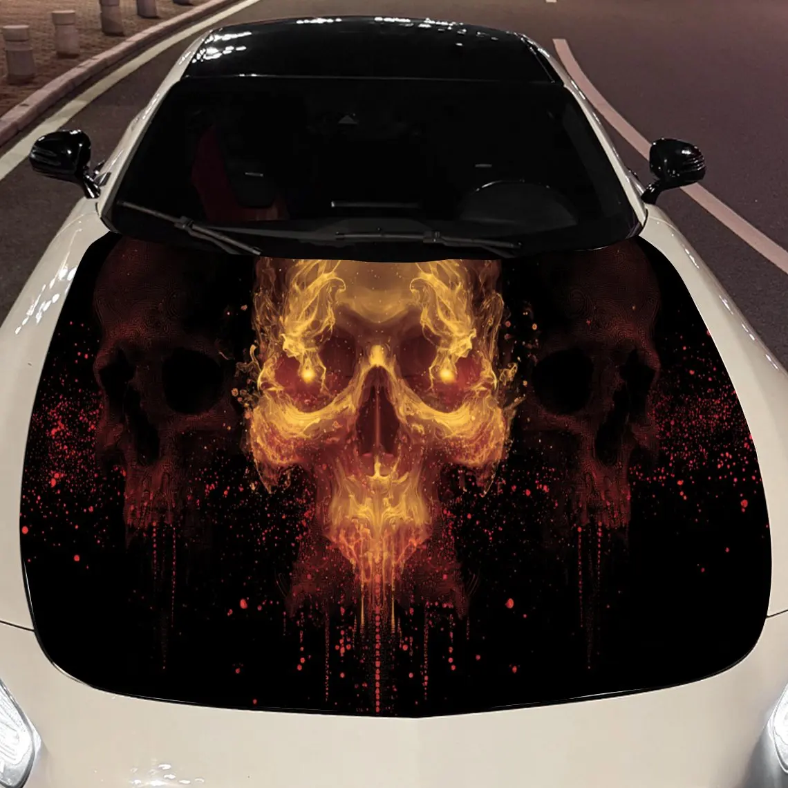 

Evil Flaming Skull Car Hood Sticker, Waterproof Self-adhesive Vehicle Vinyl Wraps Decal, Trendy Auto Exterior Decoration, PVC De