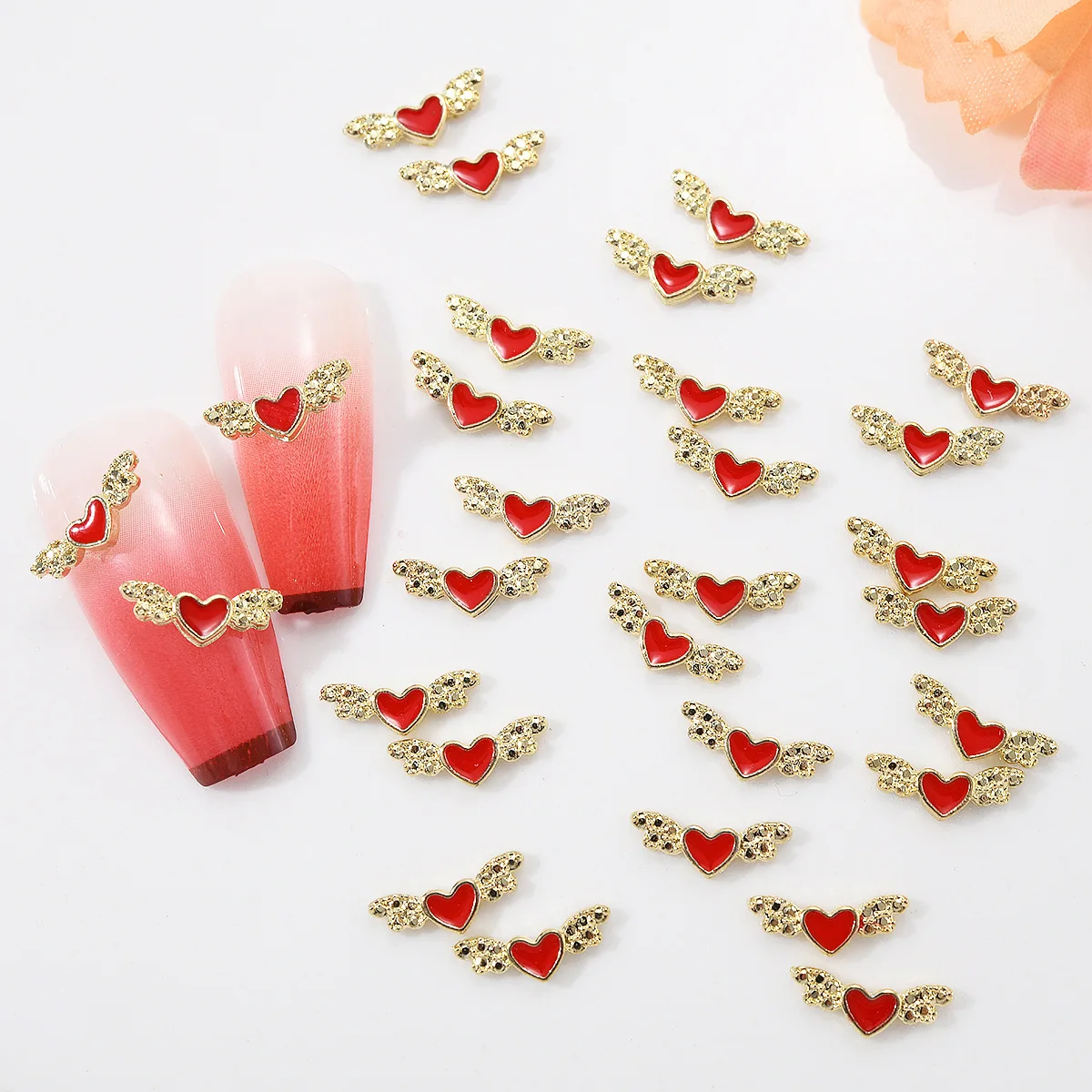 10pcs Alloy Heart Wings Nails Art Charms Gold Bottom Red Heart  Nail Ornaments Flashing 3D Kawaii 4*10.5mm Manicure Accessories