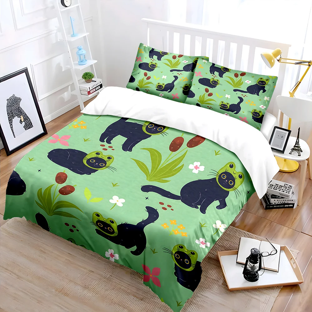 Cute Black cats in frog hats Bedding Set for Kids Luxury Gift 3pcs Digital Print Comforter Set Soft Comfortable Breathable
