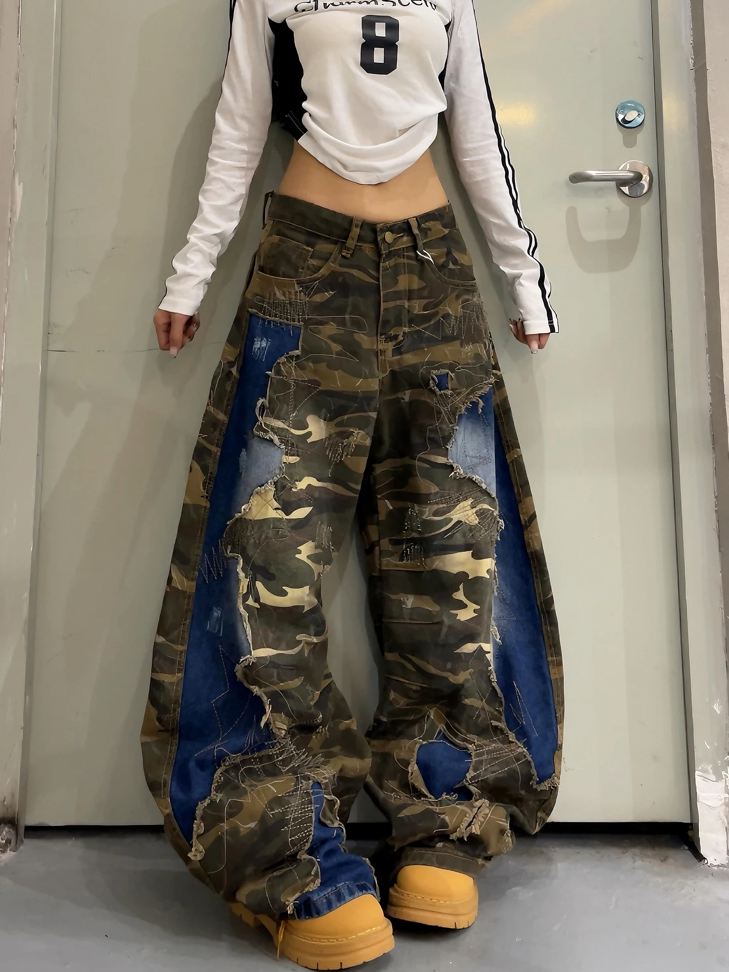 DoubleD American Street Style Heavy Duty Apocalyptic Denim Camouflage Deconstructed Knife Pants Wide Leg Long Trousers for Women