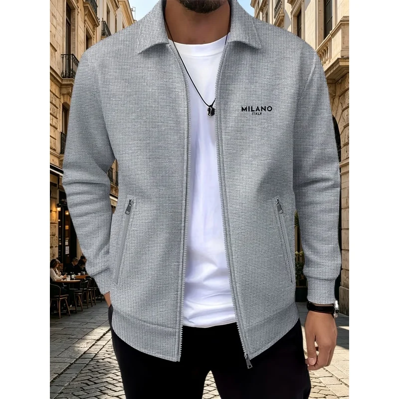 Men Milano Italy Business Casual Jacket Lapel Full Zip Coat Textured Waffle Fabric Zipper Pockets Long Sleeve Commute Outerwear
