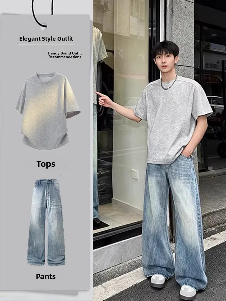 

Cool Stylish Men's Outfit Grey Boxy Shoulder T-shirt with Blue Knife Jeans Full Set Fashionable Summer Youth Clothing