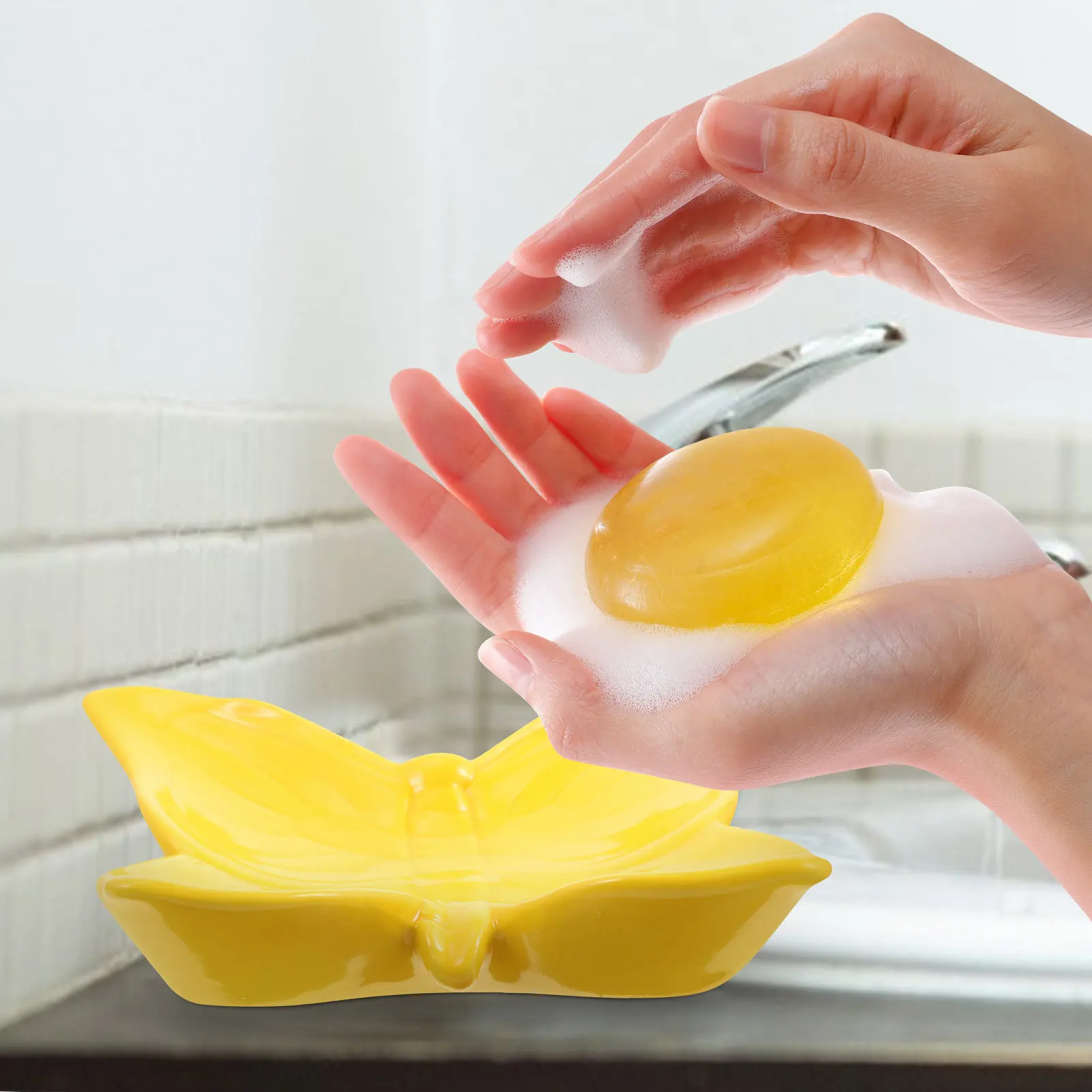 

Ceramic Soap Dish Handmade Butterflies Art Draining Soap Holder for Bathroom Vanity Countertop Decor Functional Tray