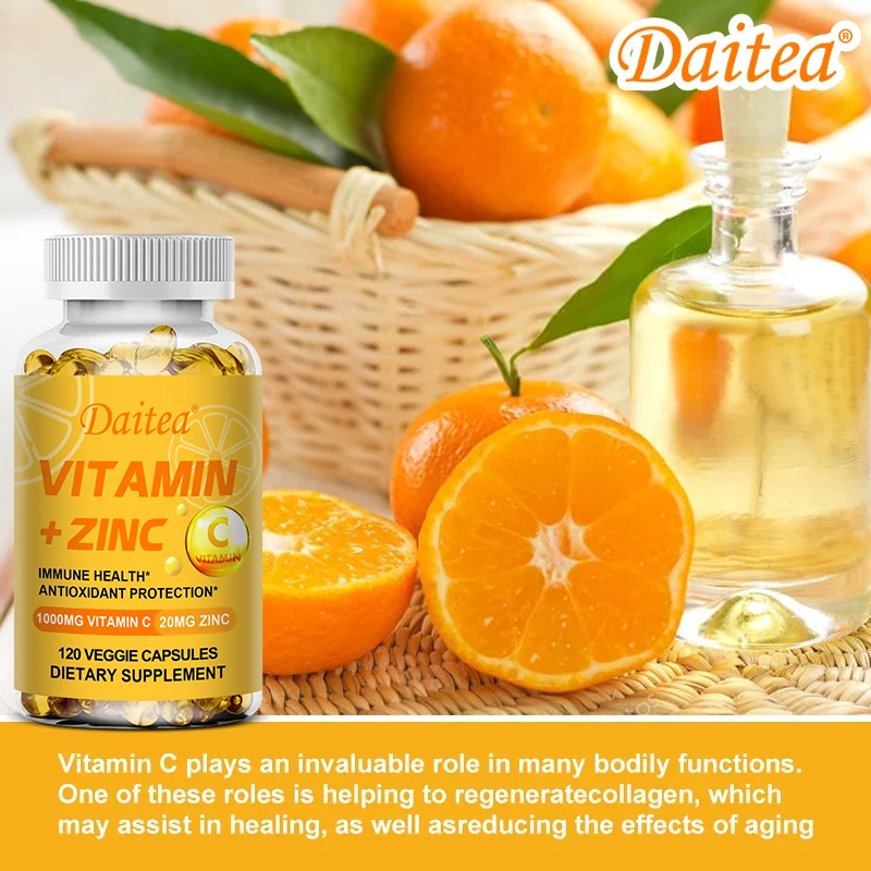 Daitea Vitamin C 1000mg + Zinc 20mg Capsule Supplement - Skin Health Cellular Energy Production Antioxidants