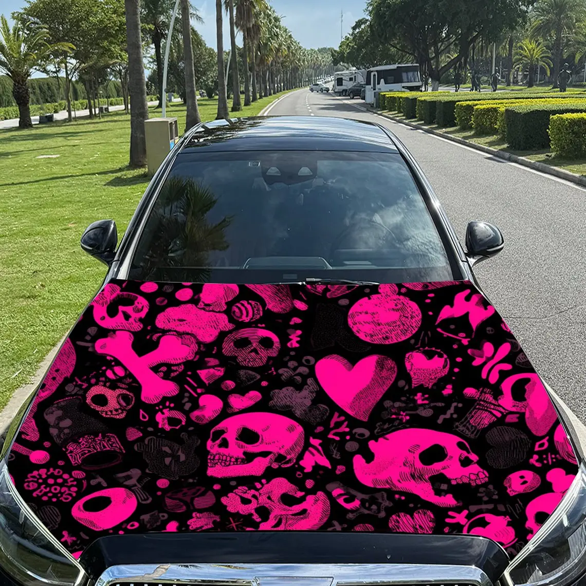 

Pink - Black Skull and Heart Trend Car Vinyl Wrap, PVC Material Waterproof Car Hood Sticker, Self-Adhesive Scratch-Resistant Sti